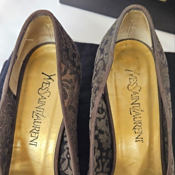 Saint Laurent Almond Toe Kitten Heels In Brown Suede And Velvet Mesh Size 9 - Picture 10 of 12